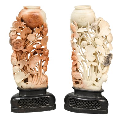 Lot 551 - A Pair of Chinese Carved Soapstone Vases, 20th...