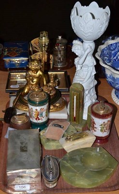Lot 156 - A silver mounted cigarette box, a cherub lamp, smoking accessories etc