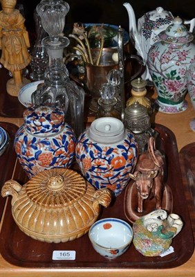 Lot 165 - A tray of 19th century ceramics, cruet stand and bottles and decanter