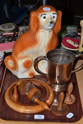Lot 168 - A copper and plated quart measure loving cup, a King Charles Staffordshire style dog, a treen...