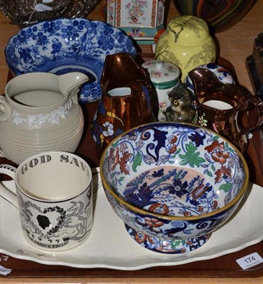 Lot 174 - A tray of various ceramics including a Grays pottery fish plate, a Wedgwood mug, jugs, two...