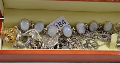 Lot 184 - A 9ct gold opal and garnet ring, a moonstone bracelet, assorted silver jewellery etc