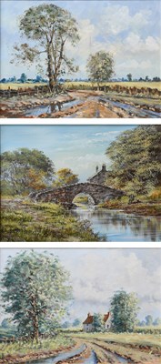 Lot 276 - David Short (b.1940) Country road with puddles...
