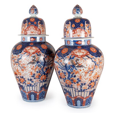 Lot 86 - A Pair of Imari Porcelain Vases and Covers,...