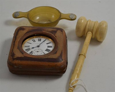 Lot 217 - Horn and silver quaich, Edinburgh 1911, ivory gavel and a Goliath watch in case