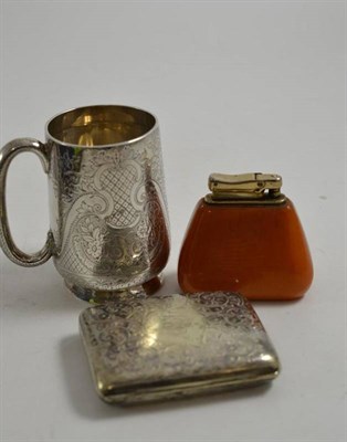 Lot 219 - Engraved mug, plated cigarette case and table lighter