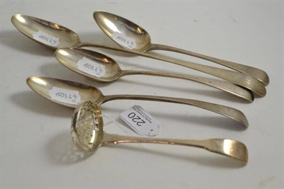 Lot 220 - Georgian silver serving spoon, three tablespoons and a sifter ladle