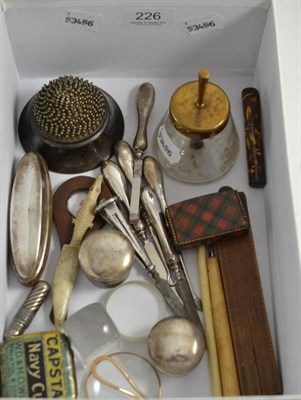 Lot 226 - Silver pin cushion and collectables including a tartanware snuff box, a ruler, manicure items etc