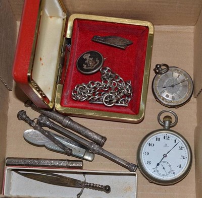 Lot 227 - Silver watch chain, silver and mother-of-pearl fruit knife, Omega pocket watch, etc