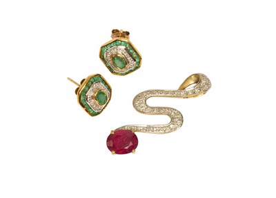 Lot 49 - A Pair of 9 Carat Gold Emerald and Diamond...