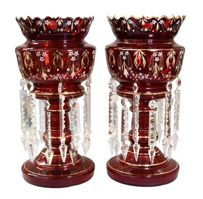Lot 154 - A Pair of Ruby Glass Lustres, early 20th...