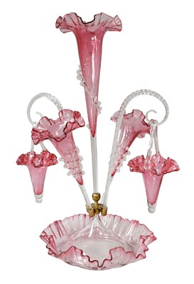 Lot 156 - A Cranberry Glass Three-Flute Epergne,...