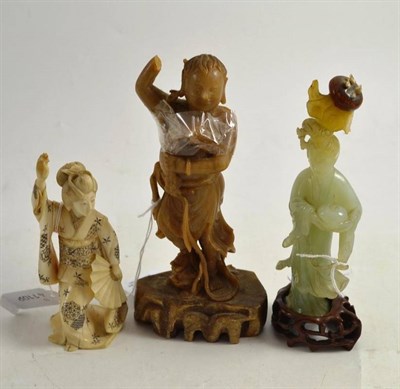 Lot 255 - Japanese ivory figure of a dancer circa 1909, Chinese hardstone figure with wood stand and a...