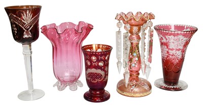 Lot 88 - A Small Pair of Cranberry Glass Lustres, with...