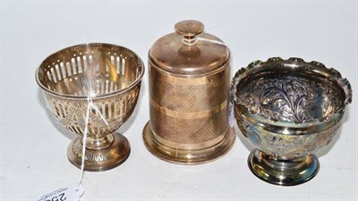 Lot 256 - 1882 pierced silver sugar basin, 1904 embossed sugar basin and a silver-clad cigarette canister