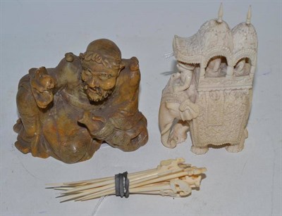 Lot 264 - 19th century Indian carved ivory elephant group, soapstone figure and bone toothpicks