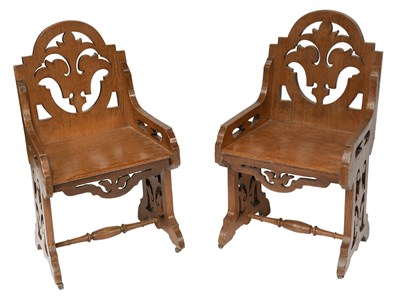Lot 473 - A Pair of Oak Gothic Revival Hall Chairs, with...