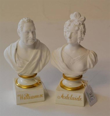 Lot 37 - A Pair of Minton Bisque Porcelain Busts of William IV and Adelaide, each in classical robes, on...