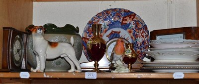 Lot 277 - A miscellaneous shelf lot including a mantel clock, barometer, Imari pattern plate, two...