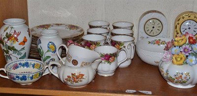 Lot 279 - Shelf of Royal Albert 'Old Country Roses', two Aynsley clocks etc