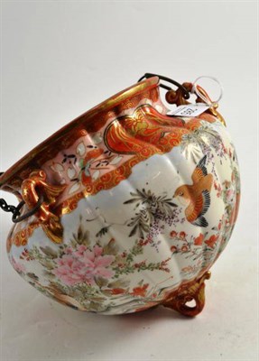 Lot 285 - A Japanese Kutani ceiling hanging jardiniere decorated with quail