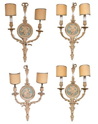 Lot 395 - A Set of Four Gesso Twin-light Wall Sconces,...