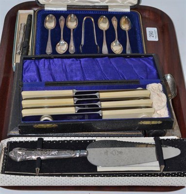 Lot 290 - Cased set of six silver teaspoons and tongs, silver handled cake knife, three silver teaspoons,...