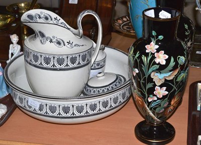 Lot 291 - Wedgwood four piece toilet set and a pair of Victorian painted black glass vases