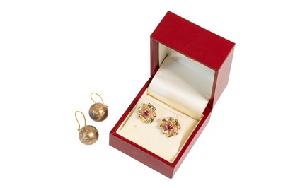 Lot 43 - A Pair of Synthetic Ruby Earrings, the floral...