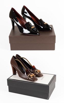Lot A Pair of Gucci Black Patent Leather Tasseled...