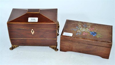 Lot 308 - 19th century tea caddy, a musical box, a painted silk butterfly, coins and medallions