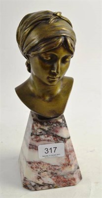 Lot 317 - An Art Nouveau bronze bust of a young lady on marble base