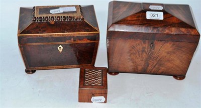 Lot 321 - Two 19th century two division tea caddies and a mother of pearl inlaid pocket watch holder