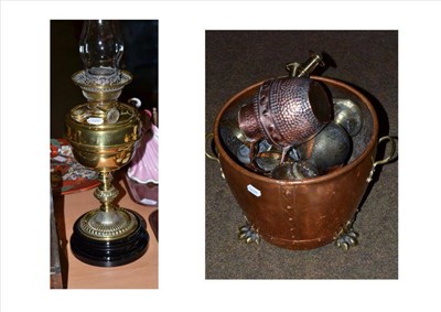 Lot 326 - A brass oil lamp, copper coal scuttle, brass candlesticks etc