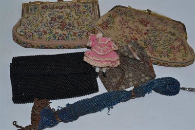 Lot 336 - Two embroidered purses, two beadwork purses, another black purse, a bisque doll etc