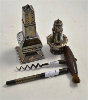 Lot 338 - A silver square section sugar castor, a silver pepperette, a silver mounted fountain pen and a...