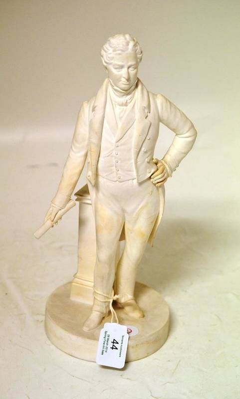 Lot 44 - A Minton Bisque Porcelain Figure of Sir Robert Peel, standing in a frock coat, a scroll in his...