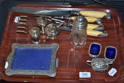 Lot 348 - A silver toast rack, pair of silver salts, silver mounted carving set and various other small...