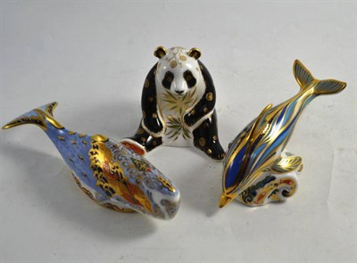 Lot 350 - Three Royal Crown Derby paperweights; dolphin, Oceanic whale and giant panda