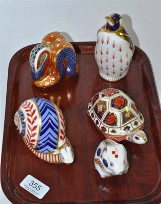 Lot 355 - Five Royal Crown Derby paperweights; a snake, tortoise, snail, penguin and mouse