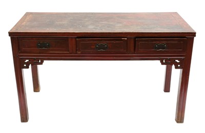 Lot 519 - A Chinese Red Lacquered Three Drawer Side...