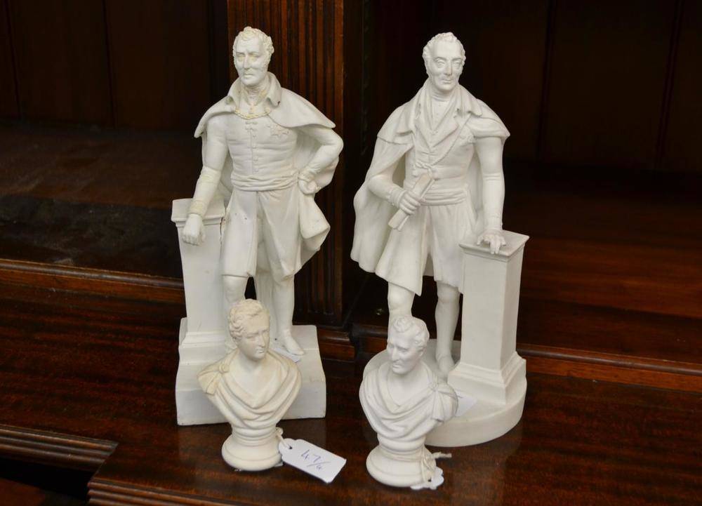 Lot 47 - A Minton Bisque Porcelain Figure of the Duke of Wellington, standing in military dress, a cloak...
