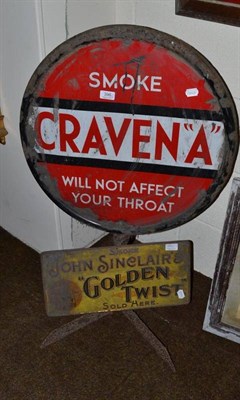 Lot 396 - An enamel free-standing sign 'Smoke Craven 'A' will not affect your throat' and another enamel sign