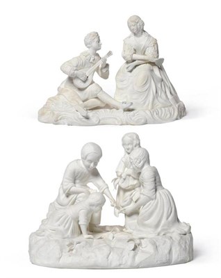 Lot 50 - A Minton Bisque Porcelain Figure Group, as a seated youth playing the lute, a girl sitting...