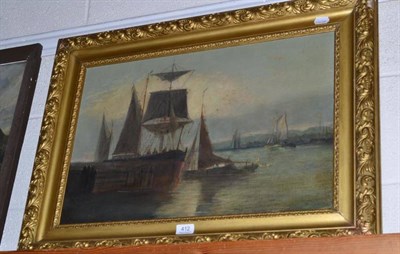 Lot 412 - Oil painting, Dutch school, 19th century, fishing boats off a quayside