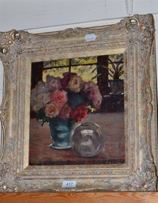 Lot 417 - F* Wiesen, still life of flowers in a blue vase, oil on panel