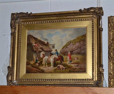 Lot 418 - Painting after George Morland, figure thatching a roof with pigs to the foreground