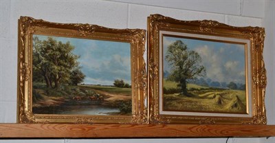 Lot 420 - Norman Elford, haymaking oil on canvas and G Williams, cattle and herdsman in country landscape