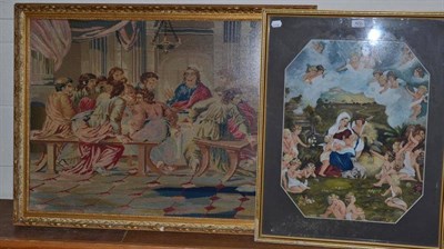 Lot 422 - A 19th century woolwork panel 'The Last Supper', and a religious watercolour, A J Vessey dated 1939