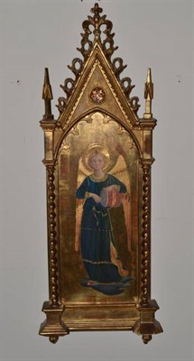 Lot 424 - 19th century religious gilt framed angel with drum after Fran Angelico